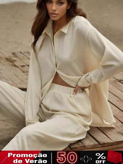 SV Conjunto pantalona e blusa,Conjunto de pantalona feminina com camisa de colarinho aberto, feito de tecido com textura especial.