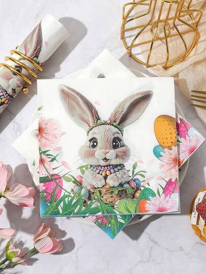 一包20张复活节兔子和彩蛋图案餐巾纸 - 双层兔子餐巾纸装饰，适合复活节彩蛋寻宝、春季派对和装饰。可爱的兔子图案，用途广泛，适用于家庭聚会、生日、婚礼等场合。