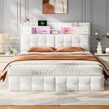 EnHomee Full/Queen/King Bed Frame With Hidden Storage Headboard & 4 Drawers Diamond-Tufted Upholstered Leather Platform Bed With LED Lights & Charging Station, White - 查看 7