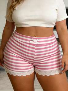 Womens Plus Size Mini Shorts Casual Slim Fit Stylish Striped Lace Trim Elastic Low Rise Shorts for Spring/Summer - Rosa - Ver 4