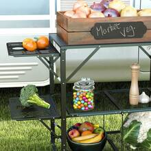 Outsunny Camping Kitchen Table, Aluminum Portable Outdoor Cooking Table, Fold-Up Cook Station With Windscreen And 3 Enclosed Cupboards For BBQ, Party, Picnics, Backyards - 黑色,長 68.5 英寸 x 寬 19.7 英寸 x 高 47.2 英寸 - 查看 9