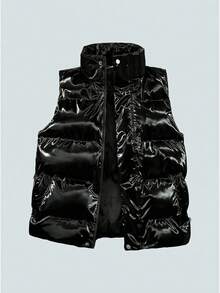 Modcrash Men's Glossy Thick Vest Jacket With Stand Collar, Warm Outerwear, Autumn/Winter, 2000s Style - Black - View 2