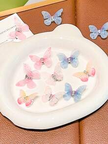 10个装女童水钻网纱蝴蝶结发夹，可爱侧刘海发夹，简约刘海夹，甜美柔顺，适合日常佩戴和返校季 - 彩色 - 查看 2