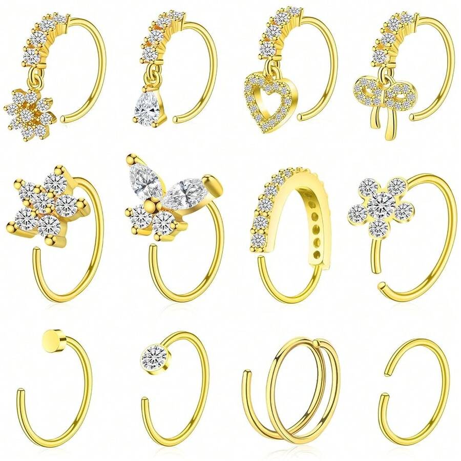 Hoop Nose Rings For Women Nose Piercings 20G Stainless Steel Nose Rings Hoops Heart Butterfly Flower Bow Teardrop Double Nose Hoops Gold Plated Silver Pink Clear CZ Nose Piercing Jewelry - 鍍金透明鼻環 - 查看 1