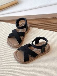 Girls' Elastic Band Slip-On Flat Sandals, Children Flat Shoes For Beach - Black - View 1