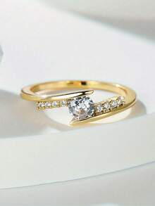 1pc Gift Box Elegant Cubic Zirconia Ring, Women's Engagement Party & Daily Wear Jewelry, Copper Material Non-Fading & Hypoallergenic, Ideal Holiday Gift - Gold - View 10