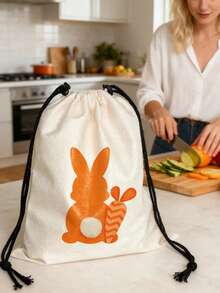 4pcs Colorful Rabbit & Carrot Linen Drawstring Bags, Reusable Storage Pouches For Restaurants, Camping, Kitchen, Jewelry, Cosmetics, Party Favors, Easter Supplies - Multicolor - View 9