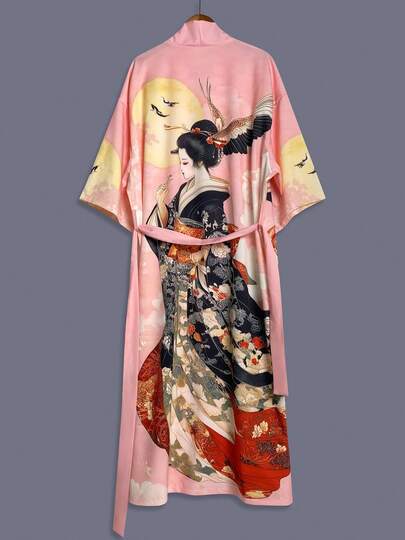 Traditional Japanese Beauty Print Mid-Length 3/4 Sleeve Satin Kimono Cover Up Thin Jacket, Women Elegant Street Casual Loose Outerwear, Suitable For Beach, Travel, Vacation, Loungewear, Robe, Party