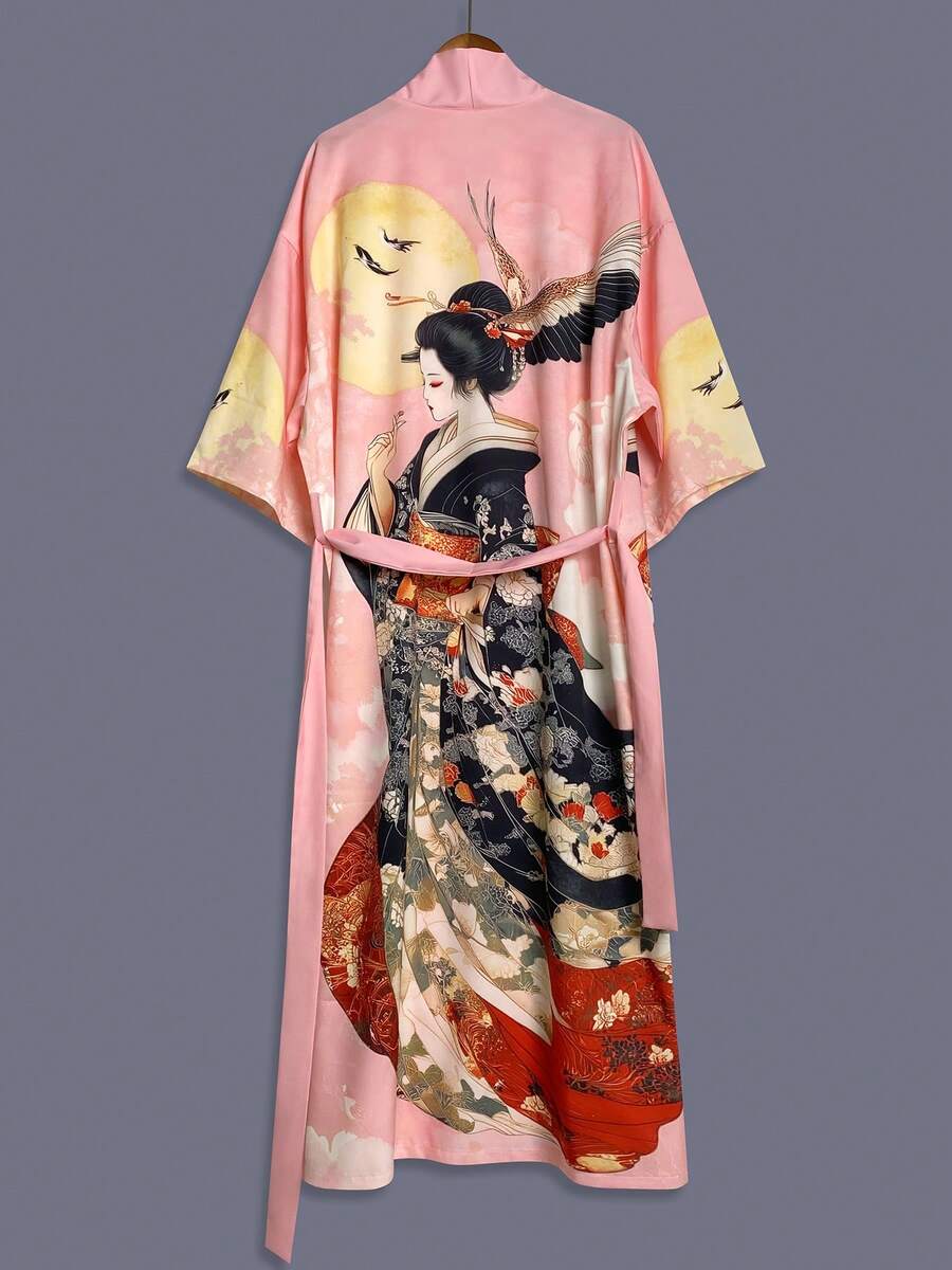 Traditional Japanese Beauty Print Mid-Length 3/4 Sleeve Satin Kimono Cover Up Thin Jacket, Women Elegant Street Casual Loose Outerwear, Suitable For Beach, Travel, Vacation, Loungewear, Robe, Party - Pink - View 1