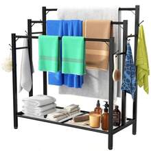 3 Tier Towel Rack With Large Storage And 6 Hooks Blanket Rack For Oversized Bath Towels Free Standing Pool Towel Rack Stand For Bathroom Pool Indoor/Outdoor 35.8" H X 31.5" L X 11.8" W - 黑色 - 查看 1