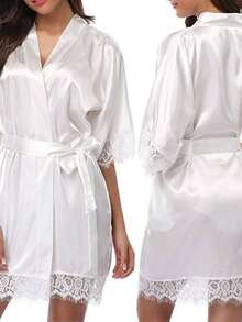 1 bucată halat de baie elegant pentru femei, culoare solidă, cu talie legată, toamnă/iarnă, pijamale sexy scurte din satin de mătase moale, potrivite pentru mirese, domnișoare de onoare, ținute de casă, halat scurt pentru sezonul nunții, imprimeu monogramă, halat de baie și pijamale pentru baie, decor pentru baie - alb - Vizualizare 9