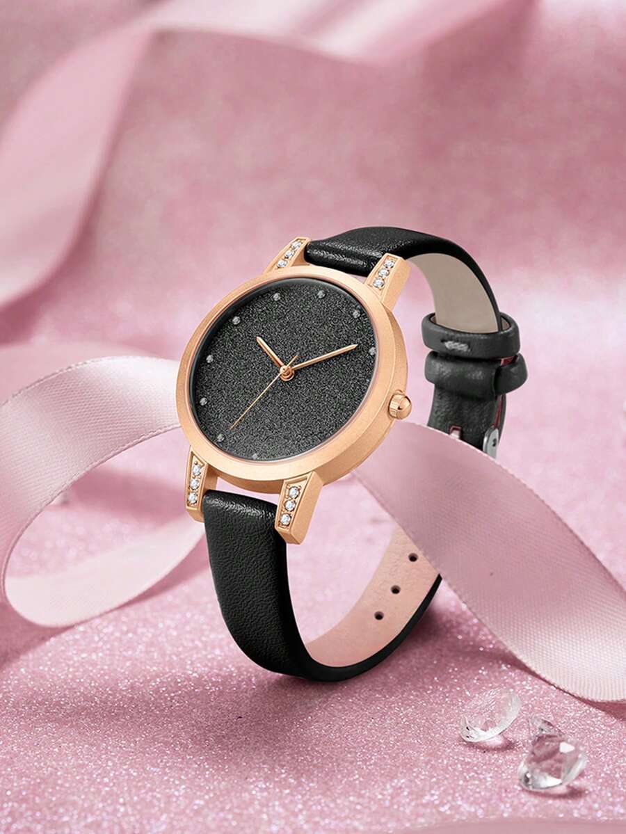 1 chiếc đồng hồ nữ thạch anh mặt lớn thời trang và thanh lịch, đính đá, kiểu dáng tối giản thường ngày, phù hợp cho đi làm, hẹn hò và các buổi gặp gỡ. - màu đen - Xem 1