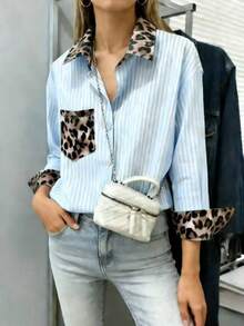 春夏女式条纹长袖衬衫，领口和袖口饰有豹纹图案。适合日常休闲穿着，也是街头风女装上衣的理想之选。 - 藍色 - 查看 4