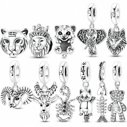 1pc Silver Plated Vintage Animal Beaded Pendant, Lion, Tiger, Elephant, Wolf, Antelope, Panda Charm Pendant, Suitable For Bracelet, Necklace DIY Jewelry Making, Retro Charm For Party Outfit