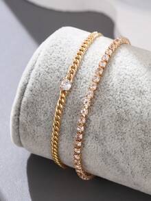2pcs Men's Zinc Alloy Bracelet, Cubic Zirconia Embellished Chain Layered Design, Elegant Luxury Style Suitable For Daily Wear - Yellow Gold - View 2