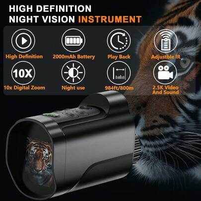 10x Zoom numérique Télescope monoculaire/binoculaire à vision nocturne 800m, équipé d'un écran HD 2 pouces, d'un éclairage infrarouge 5W, d'un capteur de lumière des étoiles, d'une fonction de prise de photo/vidéo HD, rechargeable. Convient pour la chasse, l'observation de la faune, le camping, la , la randonnée, le trekking, la vision nocturne, l'observation de la faune, etc.