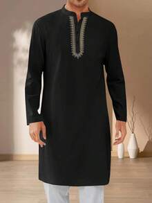 Runcati Mens Kaftan Thobe Casual Henley Shirts Button Up Long Sleeve Robe Muslim Gown Shirt - màu đen - Xem 1