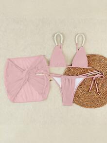 Bộ bikini hai mảnh gợi cảm màu hồng nhạt đính hạt cườm, dây đeo vai trang trí hoa văn, phong cách nghỉ dưỡng tươi mát, thích hợp cho mùa hè, xuân hè 2026, hoàn hảo cho các chuyến đi biển, kỳ nghỉ hè, trang phục sinh nhật, đồ tập thể dục, vẻ ngoài thanh lịch hàng ngày và đồ đi chơi. - Hồng - Xem 3