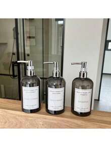 3pcs Oval Shaped Press Refillable Bottles, Black Shower Gel Shampoo Conditioner Empty Bottles With Waterproof Labels, Multi-Purpose Replacement Plastic Empty Bottles For Shower Gel, Shampoo, Conditioner, Body Lotion - Translucent Black - View 7