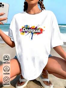 Áo thun dáng rộng in họa tiết vẩy sơn dành cho nữ, thích hợp mặc mùa hè. - trắng - Xem 4