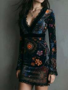 Bohemian Retro Floral Print V-Neck Velvet Bodycon Mini Dress - Multifärgad - Visa 3