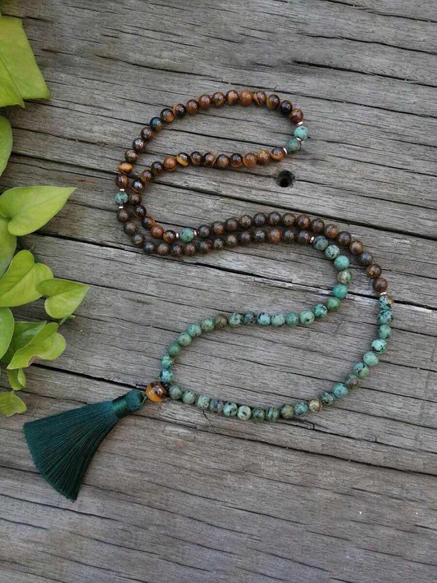 Bohemia Tassel Necklace African Turquoise Bronzite Yellow Tiger Eye 108 Mala Rosary Necklace Japamala Rosary Beads Meditation Yoga Jewelry Unisex - Multicolor - View 1