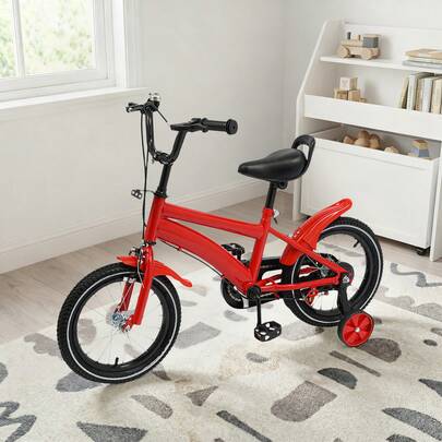 SHIOUCY 14 Inch Red Children's Learning Bicycle, Child Bicycle, Kids Bike Girls & Boys Children Bicycle + Training Wheels