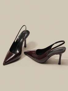 女士尖头9.5厘米优雅细高跟鞋，套穿式亮面PU材质高跟鞋，适合日常、派对、通勤等场合，棕色正装/工作鞋 - 棕色 - 查看 3