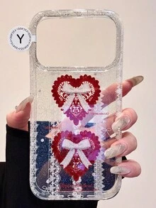 Y2k Cute Bling Glitter Heart Bow Lace Phone Case Compatible WIth IPhone 17 Pro Max 17 Pro 17 16 Pro Max 16 Pro 16 15 Pro Max 15 Pro 14 Pro 13 Pro Max 13 Pro 12 Pro Max 15 14 13 12 11 14Plus Stylish Polka Dot Clear Back Cover - Bow Heart Lace - View 2
