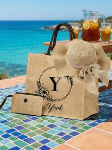 3pcs/Set Women Beach Tote Bag With Shoulder Strap, Beach Hat And Cosmetic Bag, Customizable Beach Bags,Customizable With A-Z Initial, Extra Large Capacity. Suitable For Wedding, Birthday, Beach And Holiday,Ideal For Fashion Lovers Who Love Personalized Items, Perfect For Shopping, Beach Vacation - Multicolor - View 8
