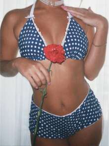 Women's Y2k Gingham Bow Bikini Set 2 Piece Bikini Shorts Sets Halter Triangle Boyshort Swimsuit Swimwear Cute Plaid Swimwear With Boyshorts - 寶藍色 - 查看 1