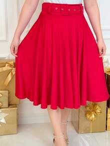 Midi Skirt With Belt, Flared, For Evangelical Women. - 紅色 - 查看 4