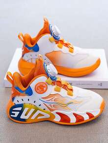 1 Pair Youth Basketball Shoes, New Spring Fashion Soft Bottom Non-Slip Running Shoes For Girls, Rotary Button Sports Shoes For Boys, Campus Basketball Shoes For Big Kids, - Orange - View 6