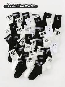 20/10/5/1 Pair Kids Classic Black & White Sports Socks, Letter "Good Vibes"/Double Bar Heart/Minimalist Smiling Face/Numeric Pattern Decor, Soft Breathable Casual Mid-Calf Socks, Suitable For Sports, Outdoor, School, Travel, Random Color & Style Assorted - Black and White - View 14