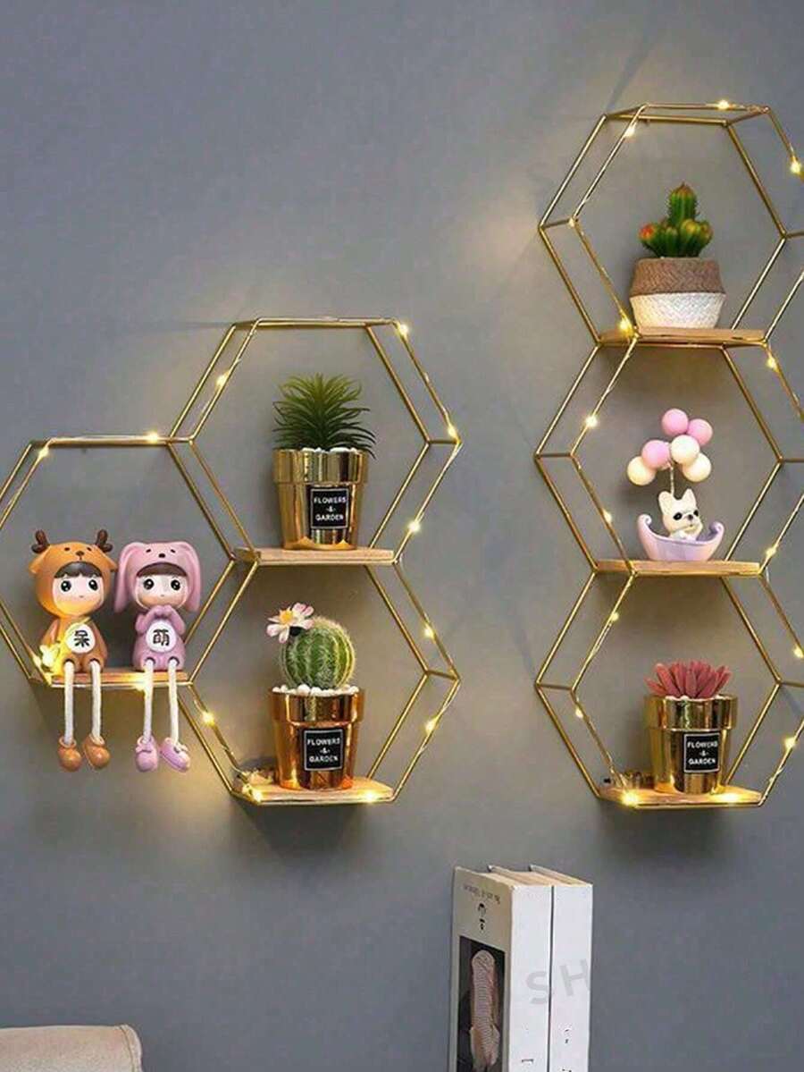 3 piezas/1 pieza Estantería de pared hexagonal dorada, estantería de almacenamiento montada en la pared para decoración del hogar, estantería para exhibición de libros, estantería de arte de hierro, estantería de pared - Dorado - Ver 1