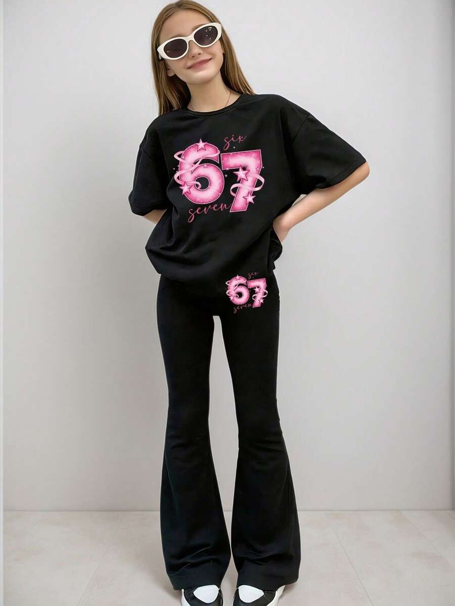 少女数字印花短袖T恤和修身喇叭裤 - 黑色 - 查看 1