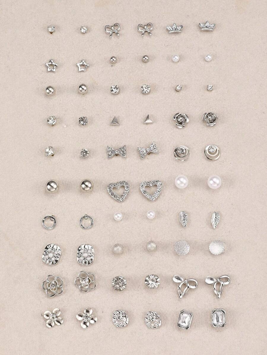30pcs/Set Minimalist Bow, Flower, Pearl & Metal Cute Sweet Style Earrings Set For Girls - Silver - View 1