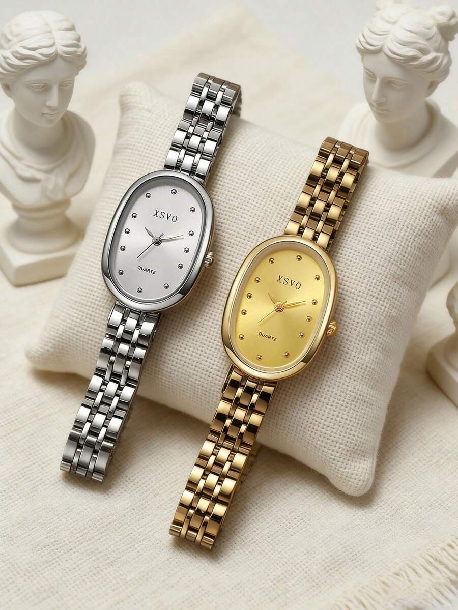 1pc Minimalist Oval Design Dual-Tone Quartz Watch, White Dial Expresses Refined Taste, Suitable For Online Activities, Holidays, Birthdays, Year-End Promotion - Multicolor - View 1