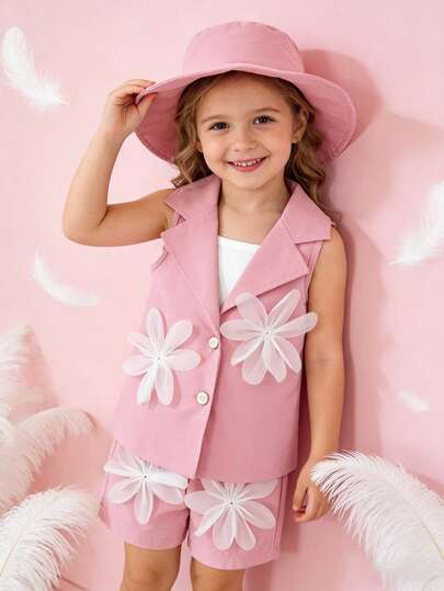 3pcs Baby Girls' Summer Fashion Versatile Sweet Vacation Party Floral Decor Woven Vest Jacket, White Camisole And Shorts Set With Hat, Suitable For Vacation, Travel, Campus Activities, Weddings, Parties, Afternoon Tea And Other Occasions