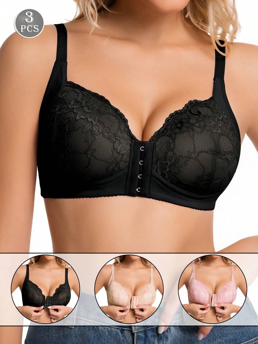 3pcs Women's Front Closure Sexy Lace Wireless Adjustable Strap Leisure Backless Bra Set - Multicolor - View 1