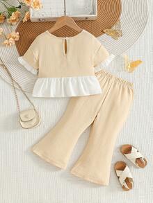 2pcs/Set Young Girls' Gentle & Sweet Daily Outfit, Patchwork Ruffle Trim Drop Shoulder Short Sleeve Top + Solid Color Casual Flared 7/8 Pants Set, Summer - Apricot - View 2