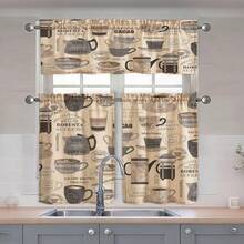 3pcs Coffee Themed Linen Curtains, 2D Flat Design, Suitable For Kitchen & Cafe, Retro Print Semi-Sheer - Multicolor - View 2