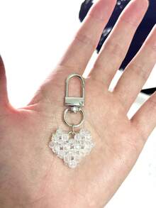 1pc Valentine's Day Gift Sugar Heart Korean Crystal Heart Phone Strap Handmade Beaded Keychain Girly Earphone Case Charm - Clear - View 6