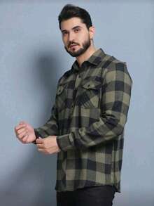 Men's Long-Sleeved Plaid Flannel Dress Shirt, Regular Fit, Buttons Down The Front, With Pocket. - xanh quân đội - Xem 3
