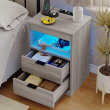 Buró Madera Moderno Con Luz Led Carga Inalámbrica Y Enchufe - Gris - Ver 3