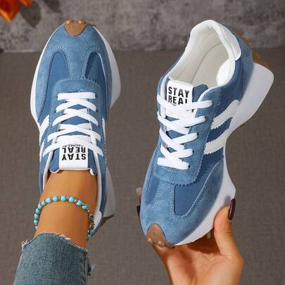 2026 New Women Thick Sole Sneakers, Lace-Up Casual Chunky Sneakers, Flat Platform, Breathable Patchwork, Spring/Summer, Height Increasing