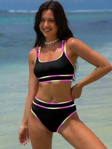 popvil Conjunto de bikini deportivo con bralette de bloques de color para vacaciones de verano - Negro - Ver 1