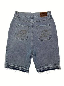 Mens Trending Denim Shorts - Distressed Letter Embroidery Denim Shorts Summer Essentials Vintage Casual Denim Shorts With Pockets - 藍色 - 查看 2