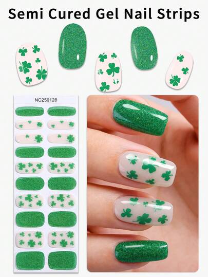 20 st. halvhärdade gelnagelremsor för St. Patrick's Day, färska gröna Shamrock UV-gelnagelinpackningar, salongskvalitet, lätta att applicera, nagelklistermärken perfekta för kvinnors högtidsfiranden