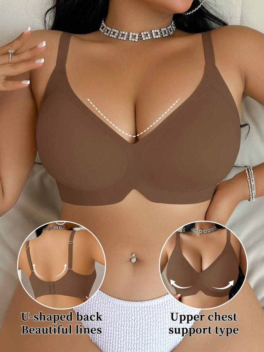 Plus Size Women's Jelly Strap Soft Support Bra, Wireless Lift & Gather Padded Bra - Brown - View 1